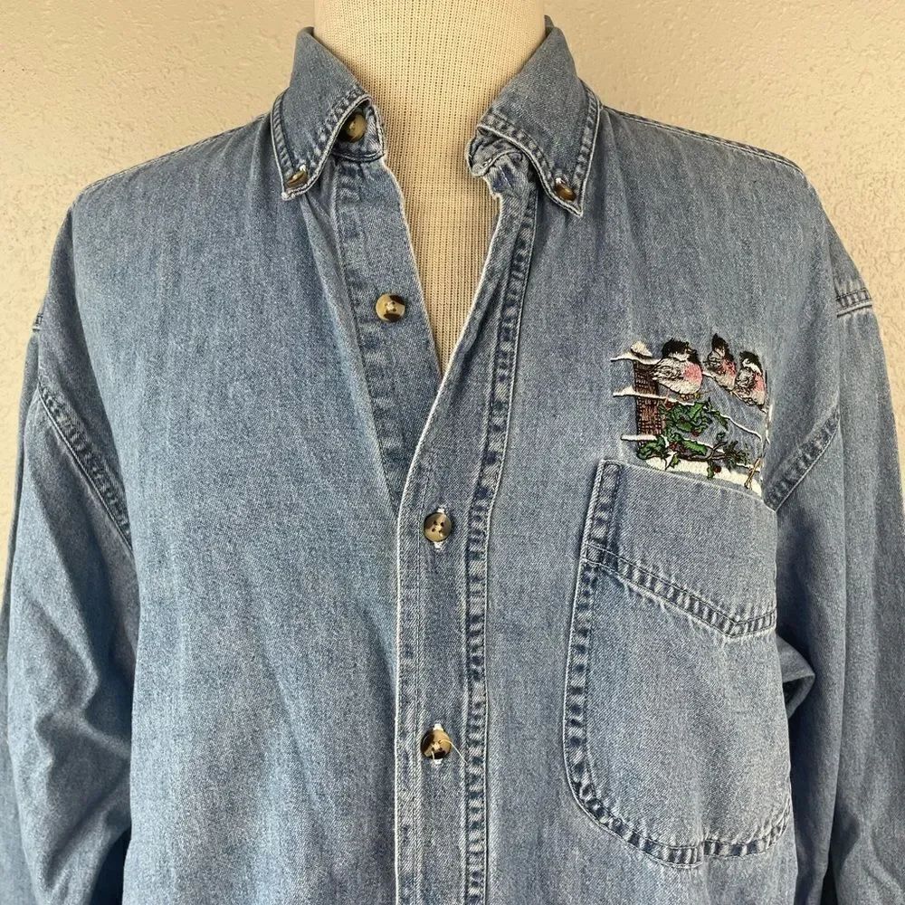 Outrageous Sports Denim Button Down Shirt Size M EUC